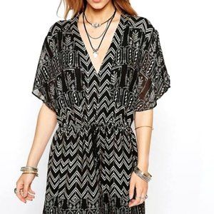 Free People Flutter Sleeve Chevron Metallic Print Dress Black Gold MED   - E869